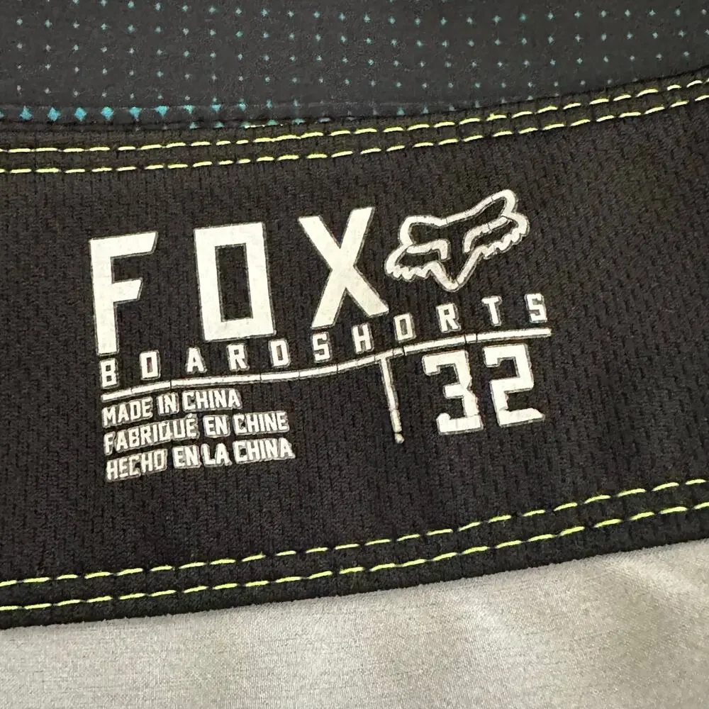 Y2K Fox Racing Boardshort Yellow Teal Black Surf Retro Back Graphic Logo Mens 32